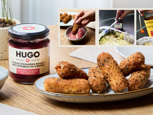 Croquettes Vacherin Fribourgeois AOP, pickles d'oignons rouges HUGO, maïs
